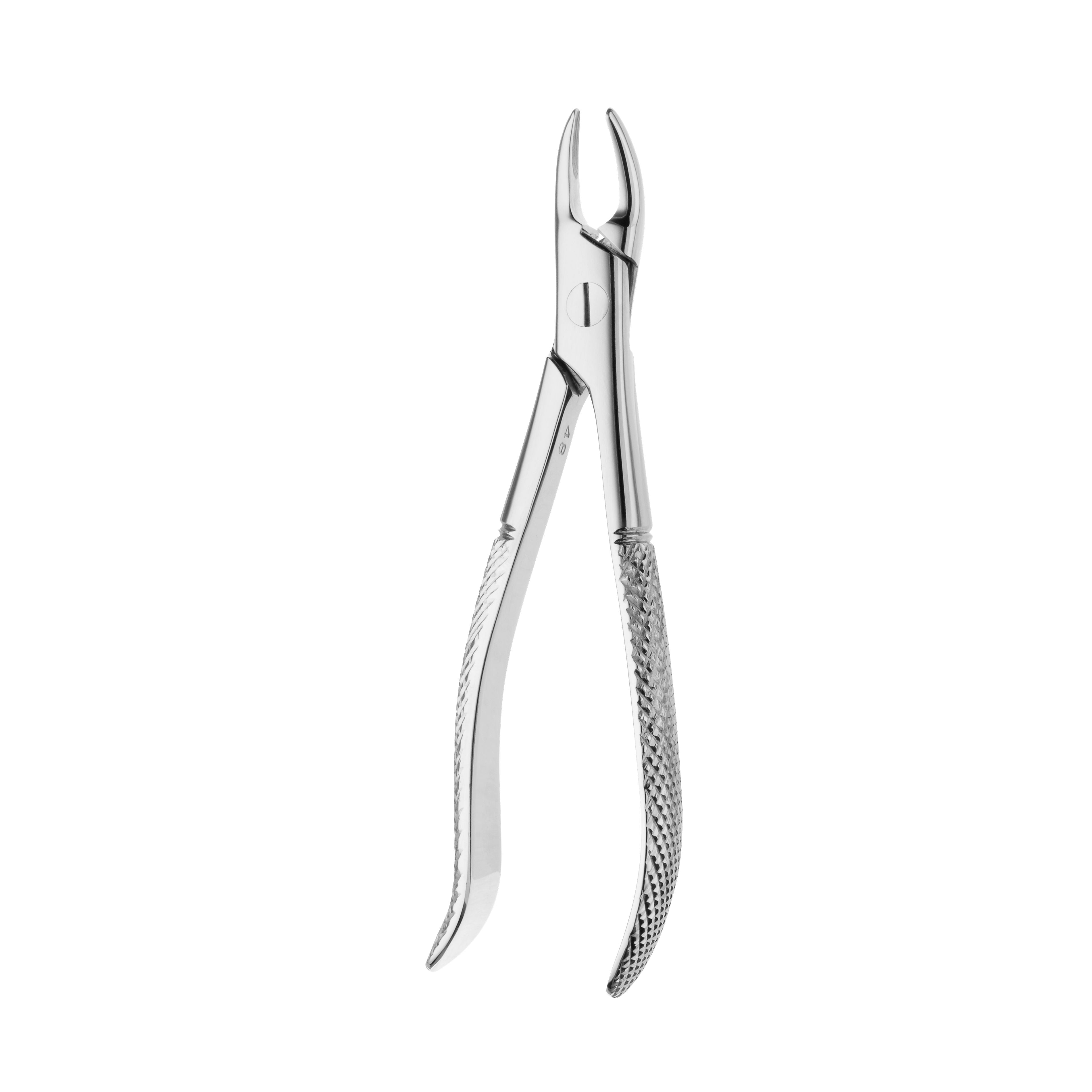 The Hu-Friedy #76S Upper Root Forceps, Serrated, features textured handles and is shown isolated on a white background.