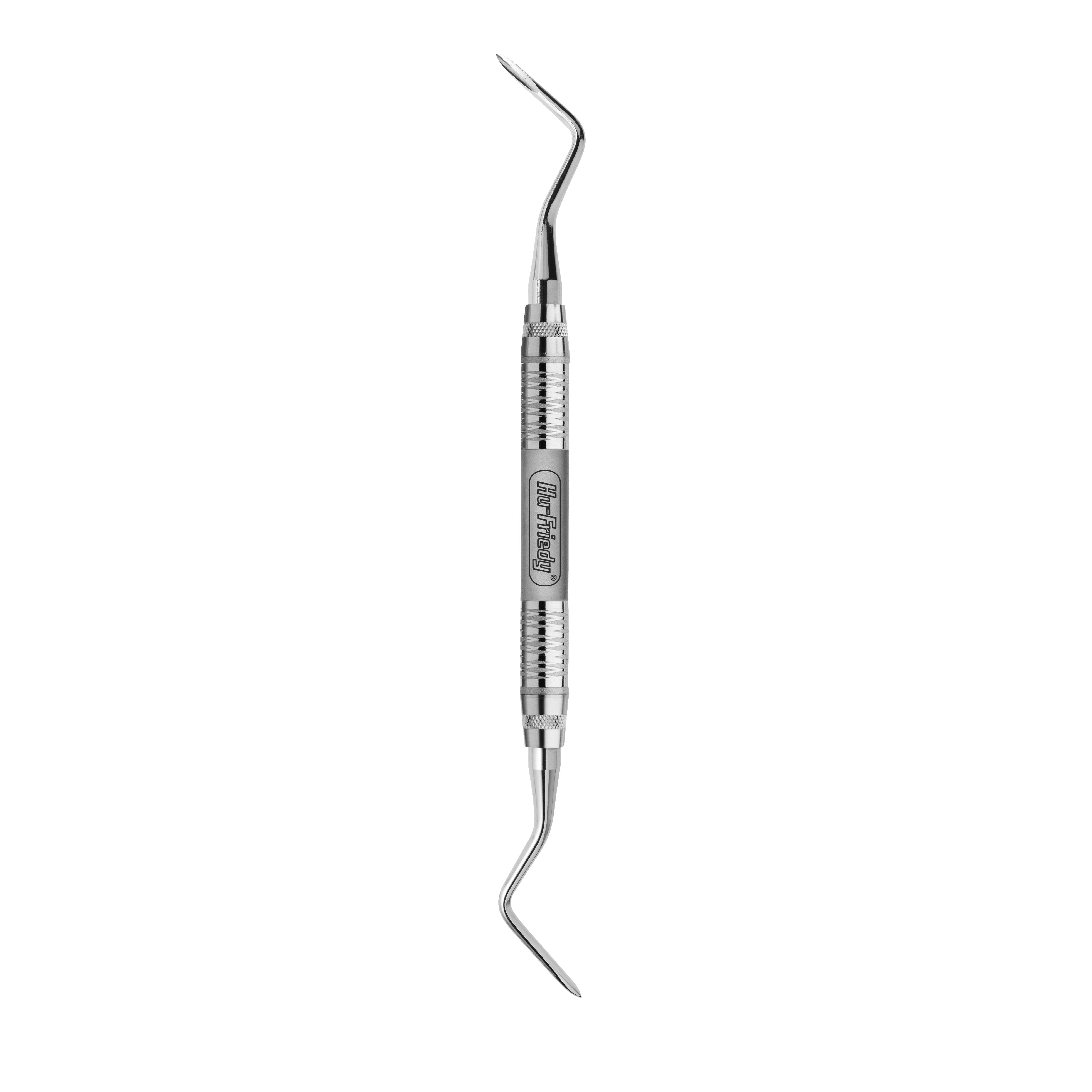 The Hu-Friedy 2/3 Howard DE Root Tip Pick is a stainless steel dental tool with oppositely angled pointed tips for examining or cleaning teeth. It has a textured handle for a secure grip, engraved with "Howard DE Root Tip Pick.