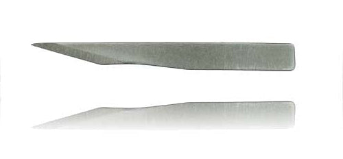 The Surgistar Miniature Scalpel Blades - Non Malleable, from Surgistar, are shown in side profile with a sharply angled slanted tip for microsurgery against a white background and faint reflection.