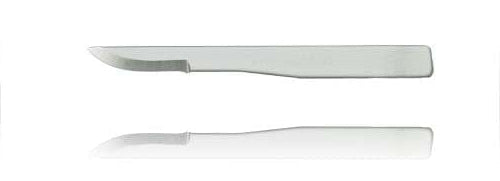 The Surgistar Miniature Scalpel Blades - Non Malleable by Surgistar, shown with a straight handle and sharp, slightly curved blade for microsurgical use, is displayed on a white background with its reflection below.