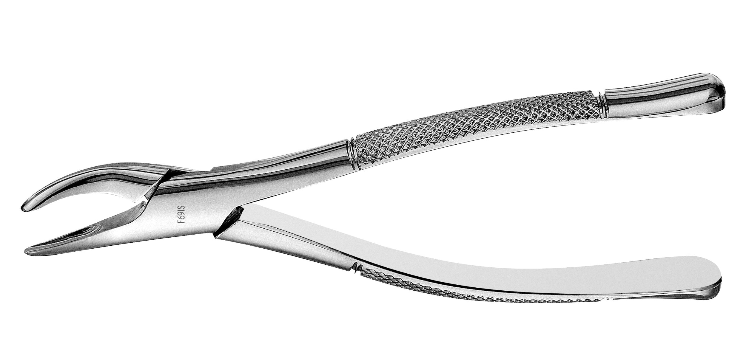 The Hu-Friedy Premium Atlas Extraction Forceps - Standard Beaks, crafted from surgical stainless steel with a textured handle and curved beak for precise tooth removal, is displayed on a white background.