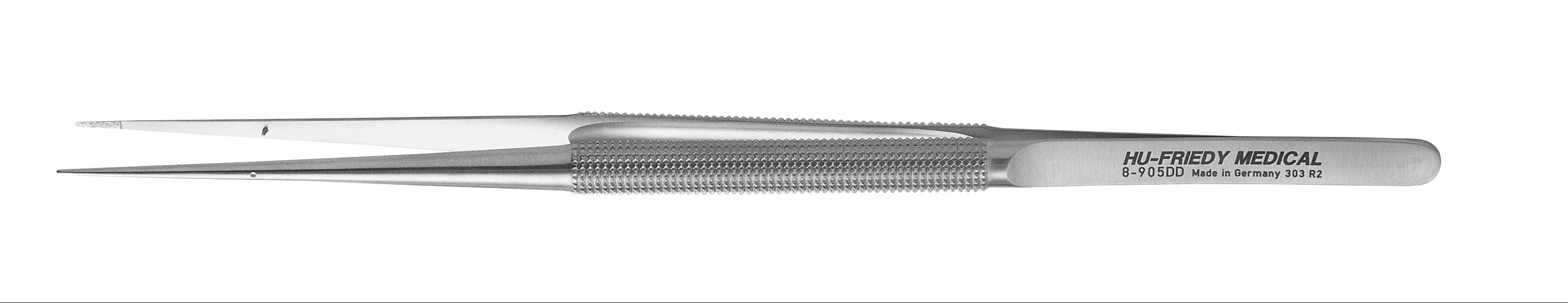 The Hu-Friedy Diamond Dusted Microsurgical Tissue Pliers feature a textured grip, stainless steel build, and engraved manufacturing details on the handle, inspired by precision instruments for periodontal microsurgery.