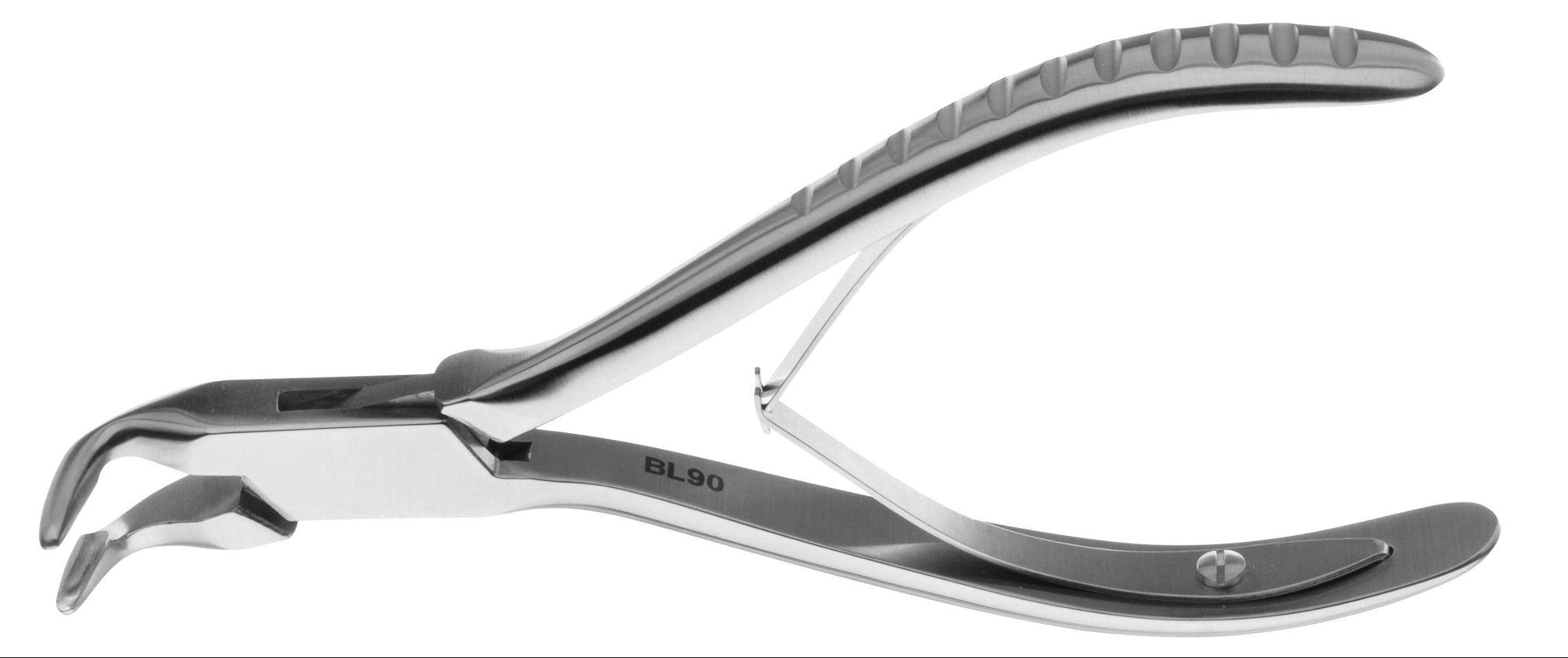The Hu-Friedy Blumenthal 90 degree Rongeurs by Hu-Friedy is a stainless steel dental plier with grooved handles and a spring mechanism, shown standing upright on a white background.