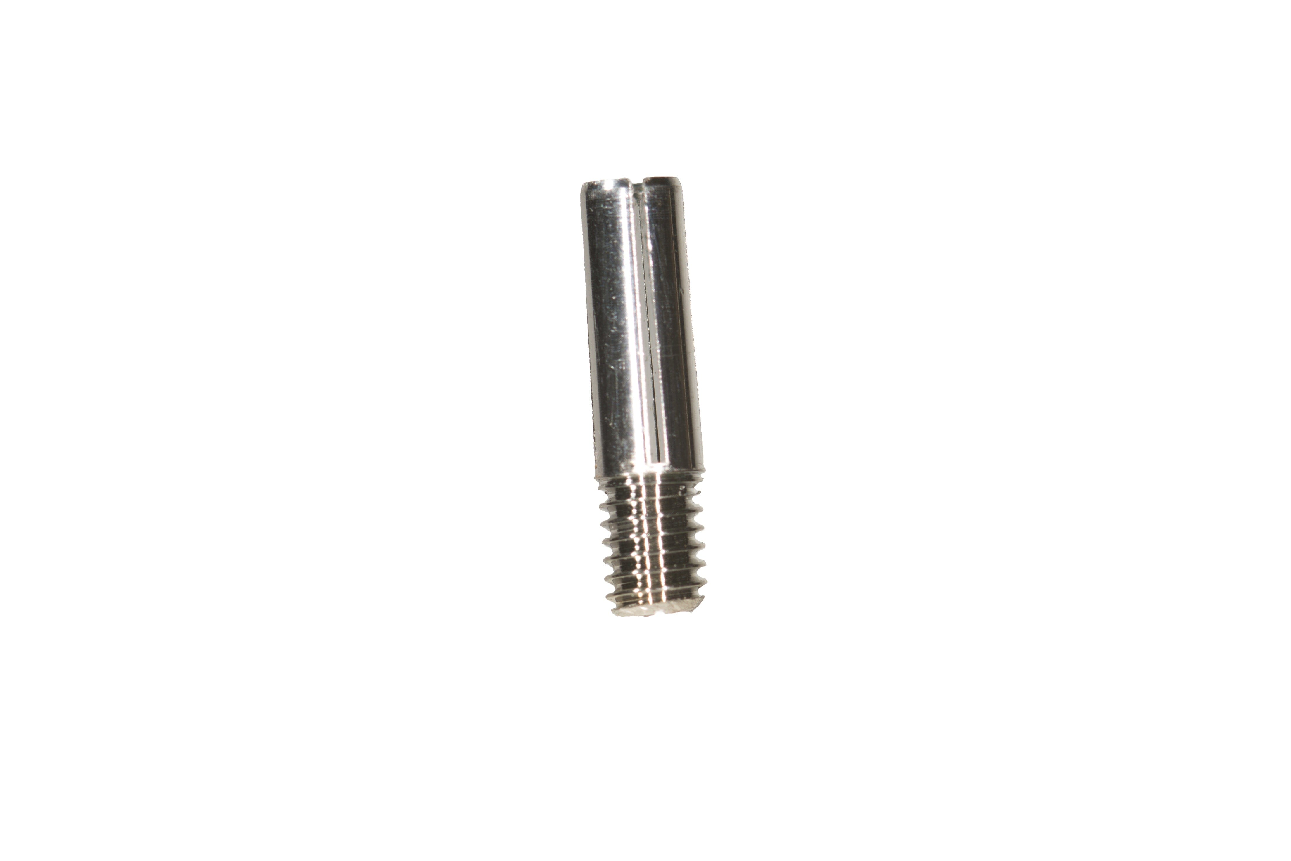 A McBio Applicator tip SP (LONG) indexable, small and metallic with threading on the lower half and a smooth, shiny upper section, resembling an applicator tip, is shown isolated on a white background.