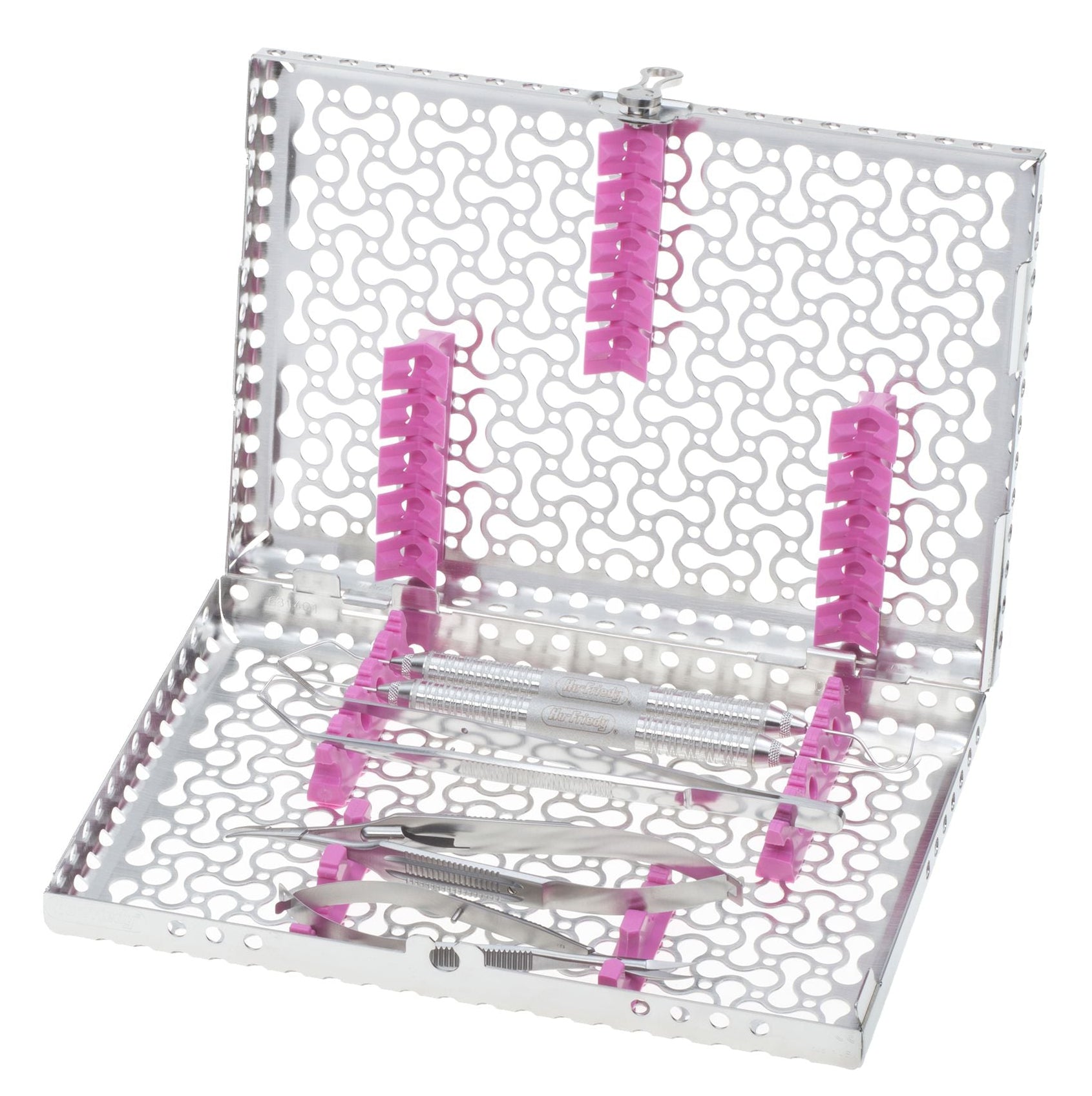 The Hu-Friedy Allen/Johnston Suture Removal Kit features a metal sterilization case with perforated lids and pink silicone holders, keeping dental instruments secure—ideal for suture removal and essential in periodontal plastic surgery.