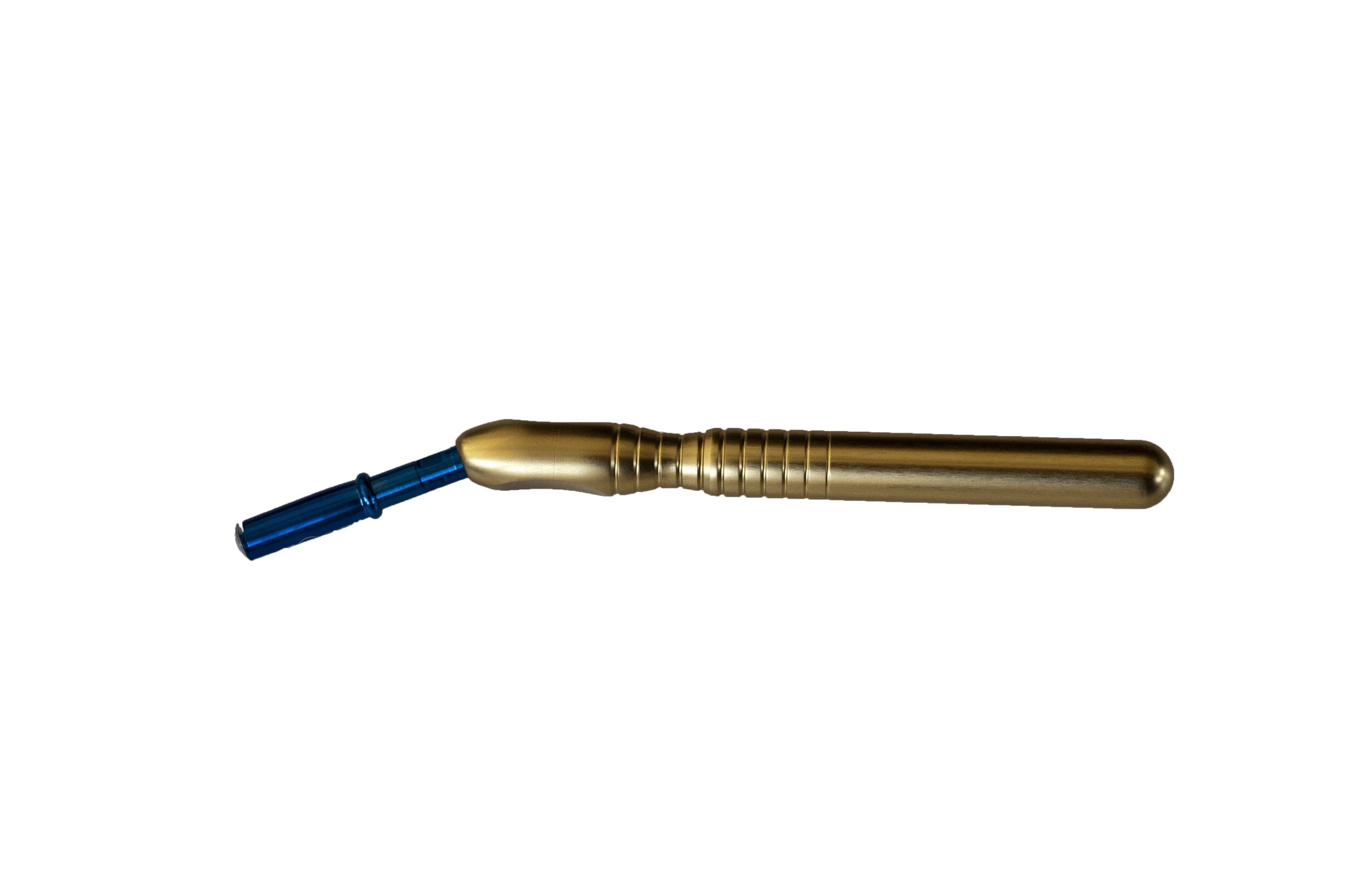 The McBio MCBio STS Angled Bone Scraper – Posterior features a long, ribbed gold handle and a short, angled blue tip—ideal for autogenous bone collection—shown isolated on a white background.