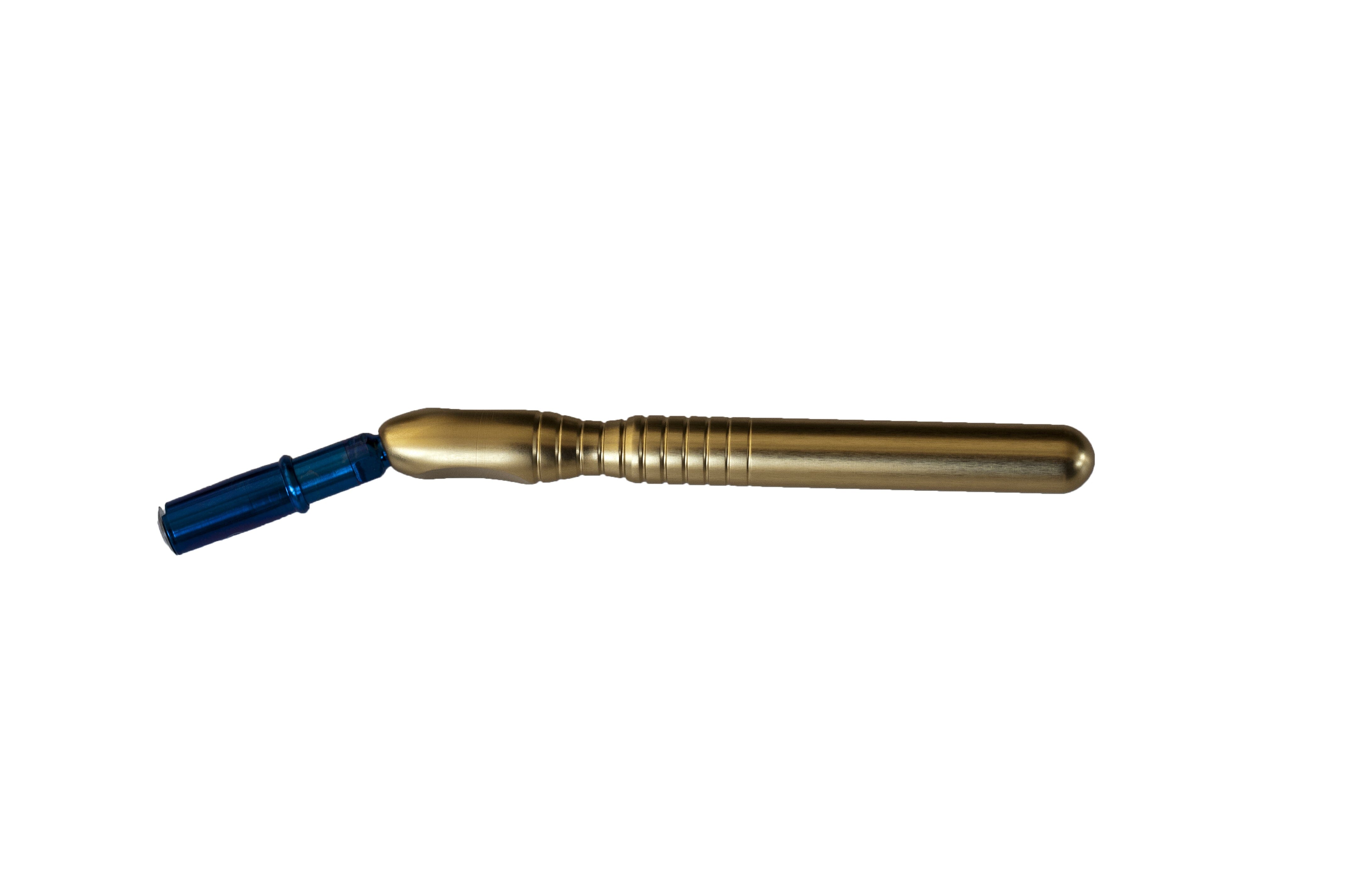 The McBio MCBio STS Angled Bone Scraper – Posterior is a metallic gold, ribbed-handle instrument with a blue angled tip, designed for autogenous bone collection in posterior surgical procedures, shown isolated on a white background.