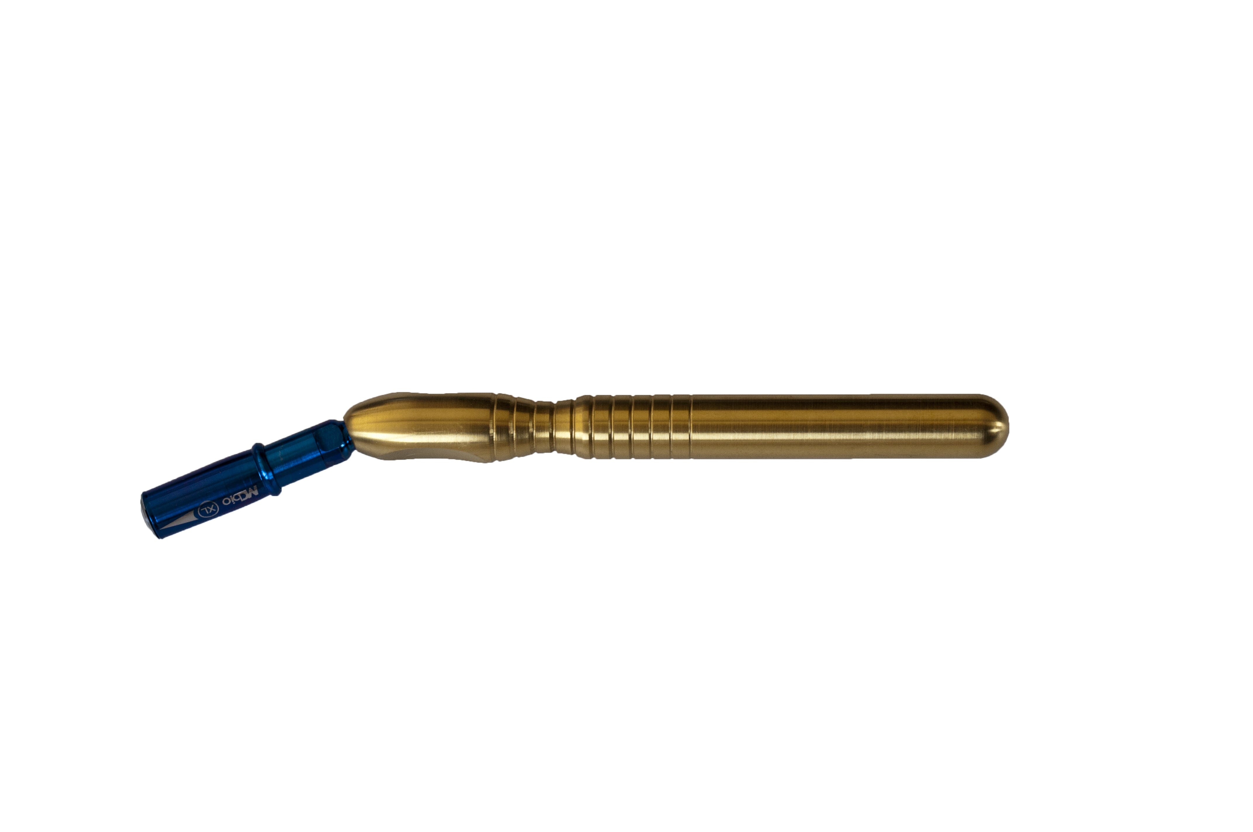 The MCBio STS Angled Bone Scraper – Posterior by McBio is a metallic gold cylindrical tool with a ribbed grip and angled blue attachment, designed for autogenous bone collection during posterior procedures, shown isolated on white.