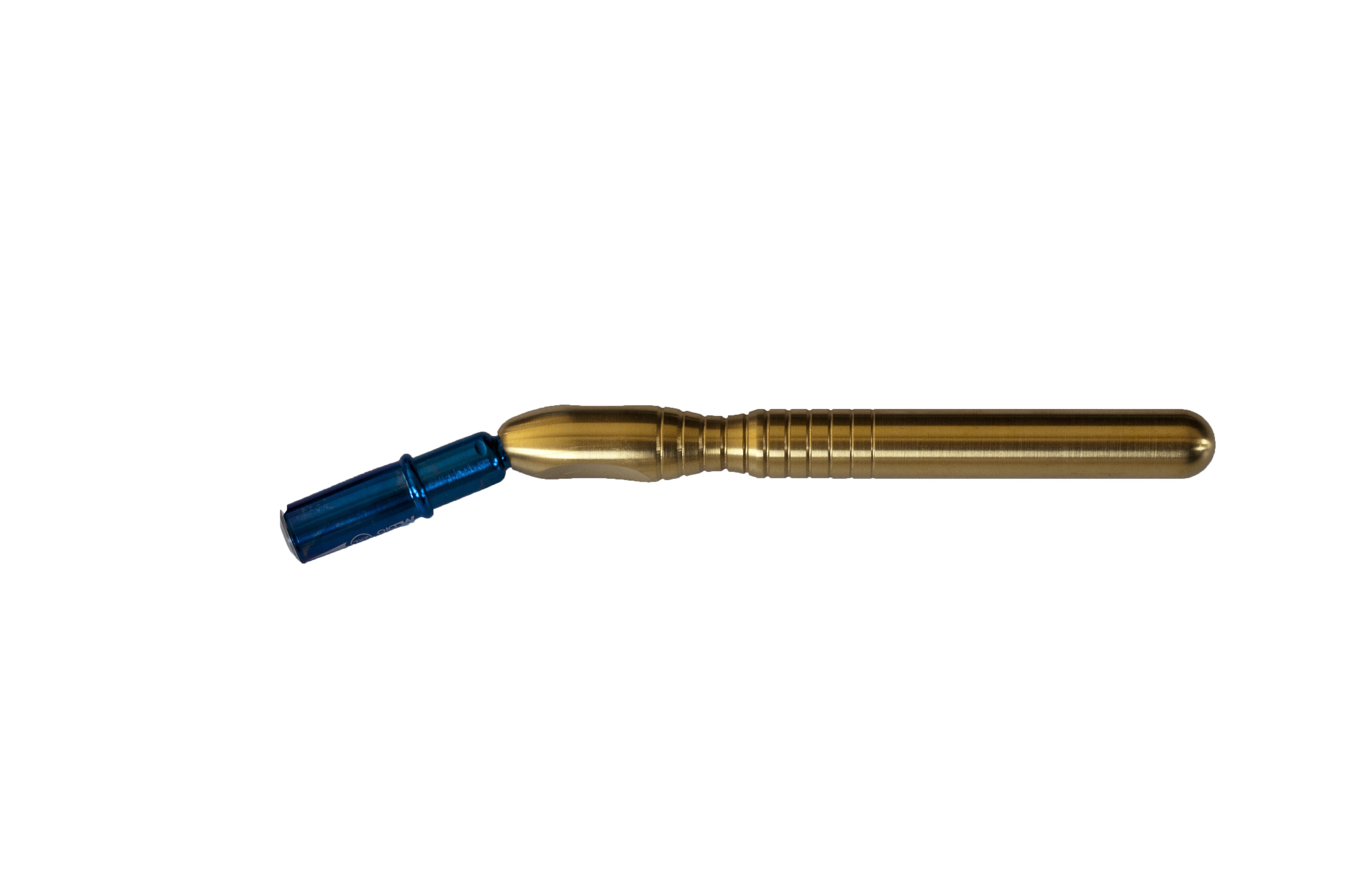 The McBio STS Angled Bone Scraper – Posterior by McBio features a metallic gold body and blue angled tip, ideal for autogenous bone collection. Displayed on a white background.