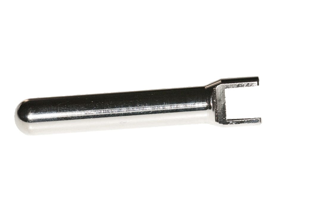 The McBio SuperTack Applicator Tip Wrench – Stainless Steel features a cylindrical handle and U-shaped forked end, designed for easy applicator tip installation, shown on a white background.