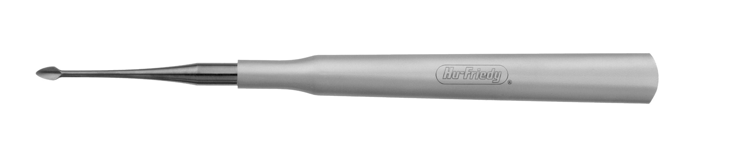 The Hu-Friedy Bernard Syndesmotome Spade Elevator is a stainless steel instrument with a rounded, slightly curved tip and cylindrical handle, designed for atraumatic extraction, shown against a white background.