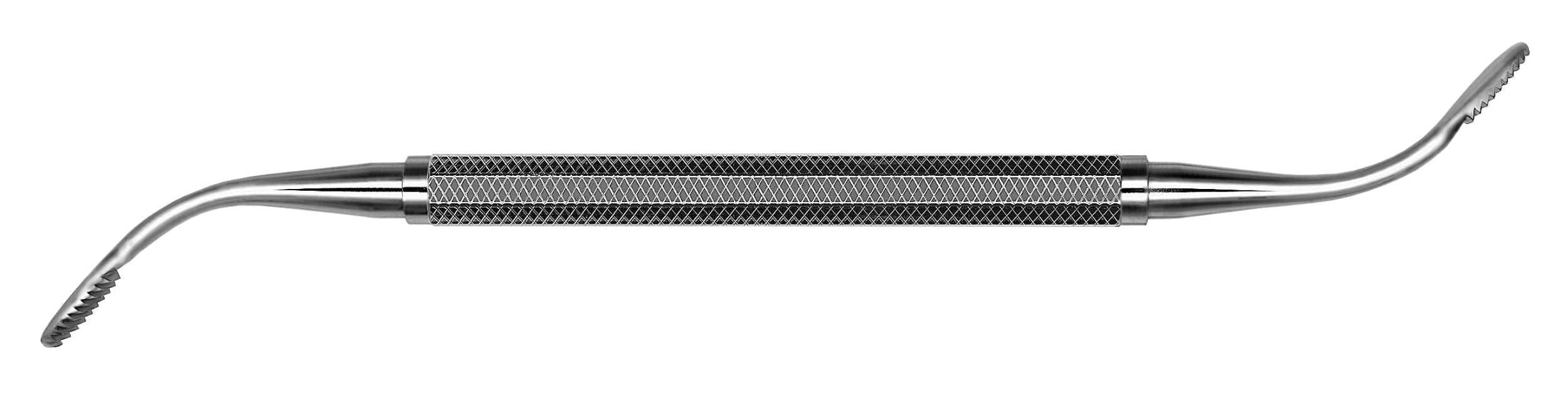 The Hu-Friedy Wahl Bone File by Hu-Friedy is a double-ended, surgical-grade stainless steel dental tool with a textured center grip and curved, ridged tips, ideal for dental procedures or cleaning tasks.