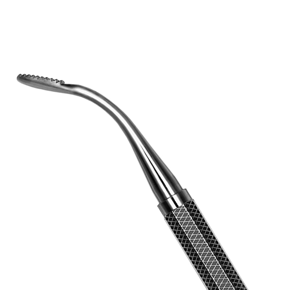 Close-up of a Hu-Friedy Wahl Bone File by Hu-Friedy, crafted from surgical-grade stainless steel with a curved, serrated tip and textured handle, isolated against a white background.