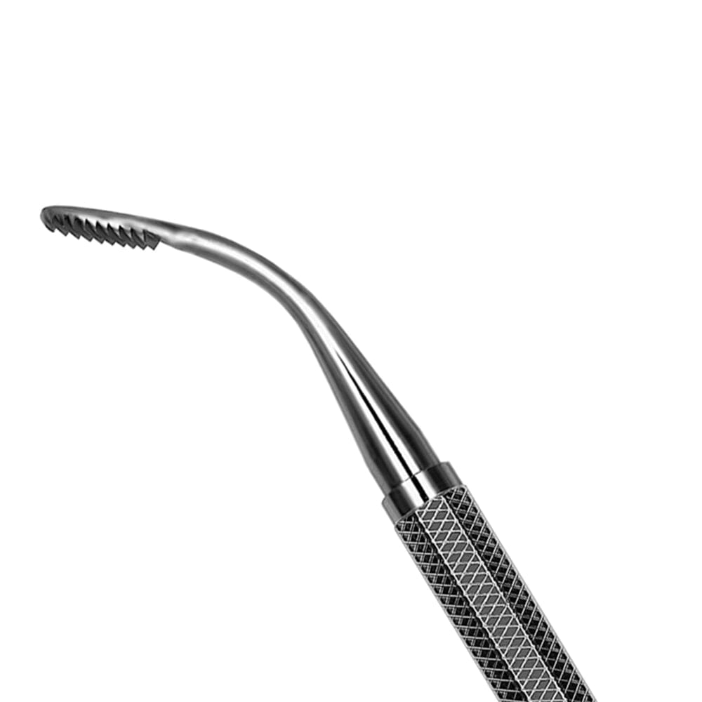 The Hu-Friedy Wahl Bone File by Hu-Friedy, crafted from surgical-grade stainless steel with a textured handle and curved serrated tip, is shown isolated on a white background.