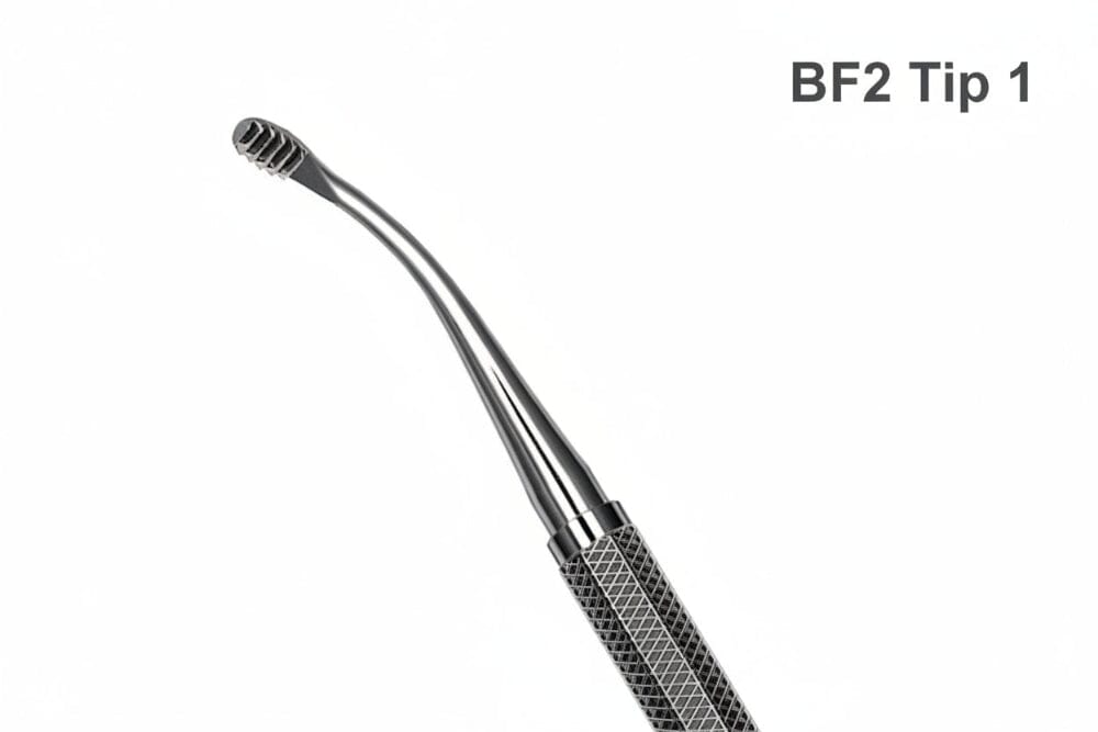 A close-up of a Hu-Friedy Wahl Bone File dental instrument with a textured handle and curved, slotted tip made from surgical-grade stainless steel. "BF2 Tip 1" appears in the upper right corner. Brand: Hu-Friedy.