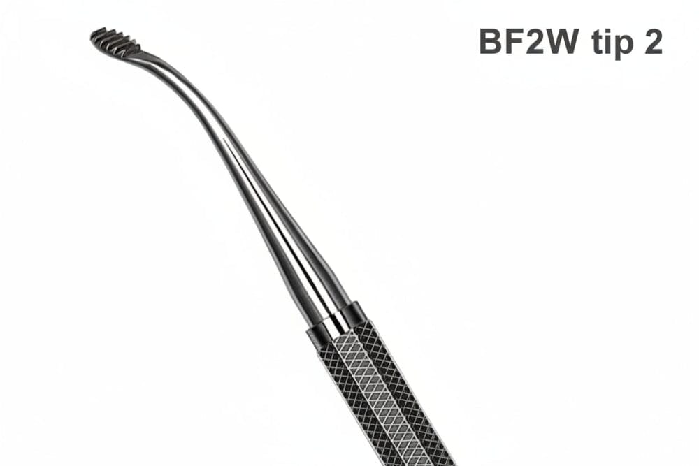 A close-up of a Hu-Friedy Wahl Bone File, crafted from surgical-grade stainless steel with a textured handle and curved, notched tip, labeled BF2W tip 2 in gray text on white—perfect for dental procedures.