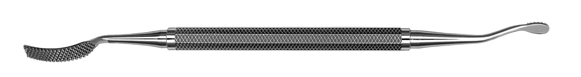 The Hu-Friedy #3X Miller-Colburn Bone File is a double-ended stainless steel surgical instrument with a textured grip, featuring one curved serrated end and one rounded scoop end, shown isolated on a white background.