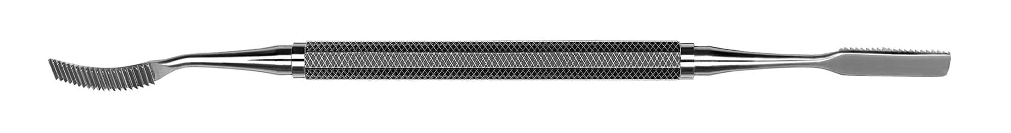 The Hu-Friedy #45 Miller Bone File is a double-ended metallic dental instrument with a textured grip; one end is curved and serrated, the other flat and rectangular, resembling the traditional Miller Bone File.