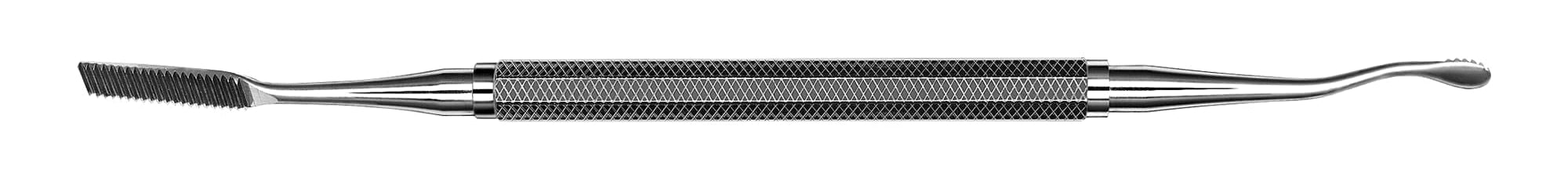 The Hu-Friedy #64 Miller Bone File is a double-ended metal tool with a textured grip; one end has a flat, serrated edge and the other, a small, rounded scoop—ideal for surgical bone filing procedures.