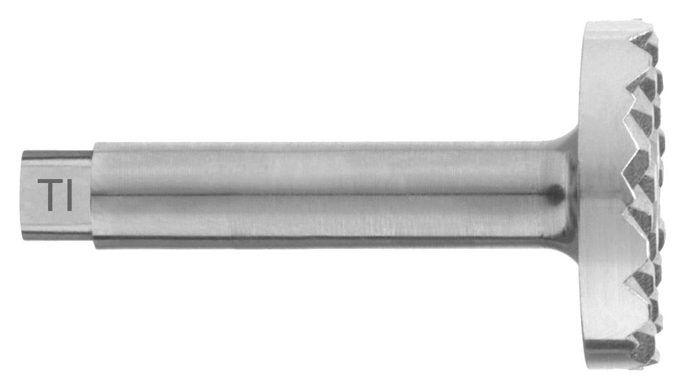 The Hu-Friedy Bone Mill Replacement Grinders Titanium, featuring a cylindrical handle and round, flat serrated base, is shown upright against a white background.