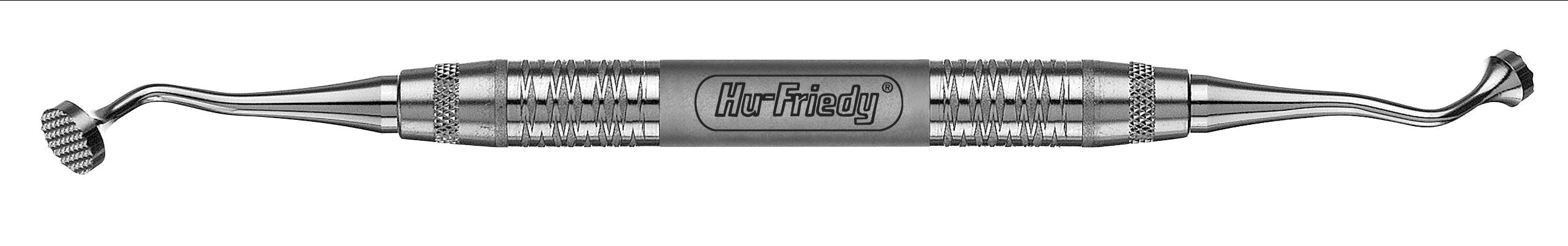 The Hu-Friedy Double-Ended Bone Packer (6mm/8mm) is a stainless steel instrument with textured grip and curved ends for bone graft condensation, featuring the Hu-Friedy brand engraved on its handle.