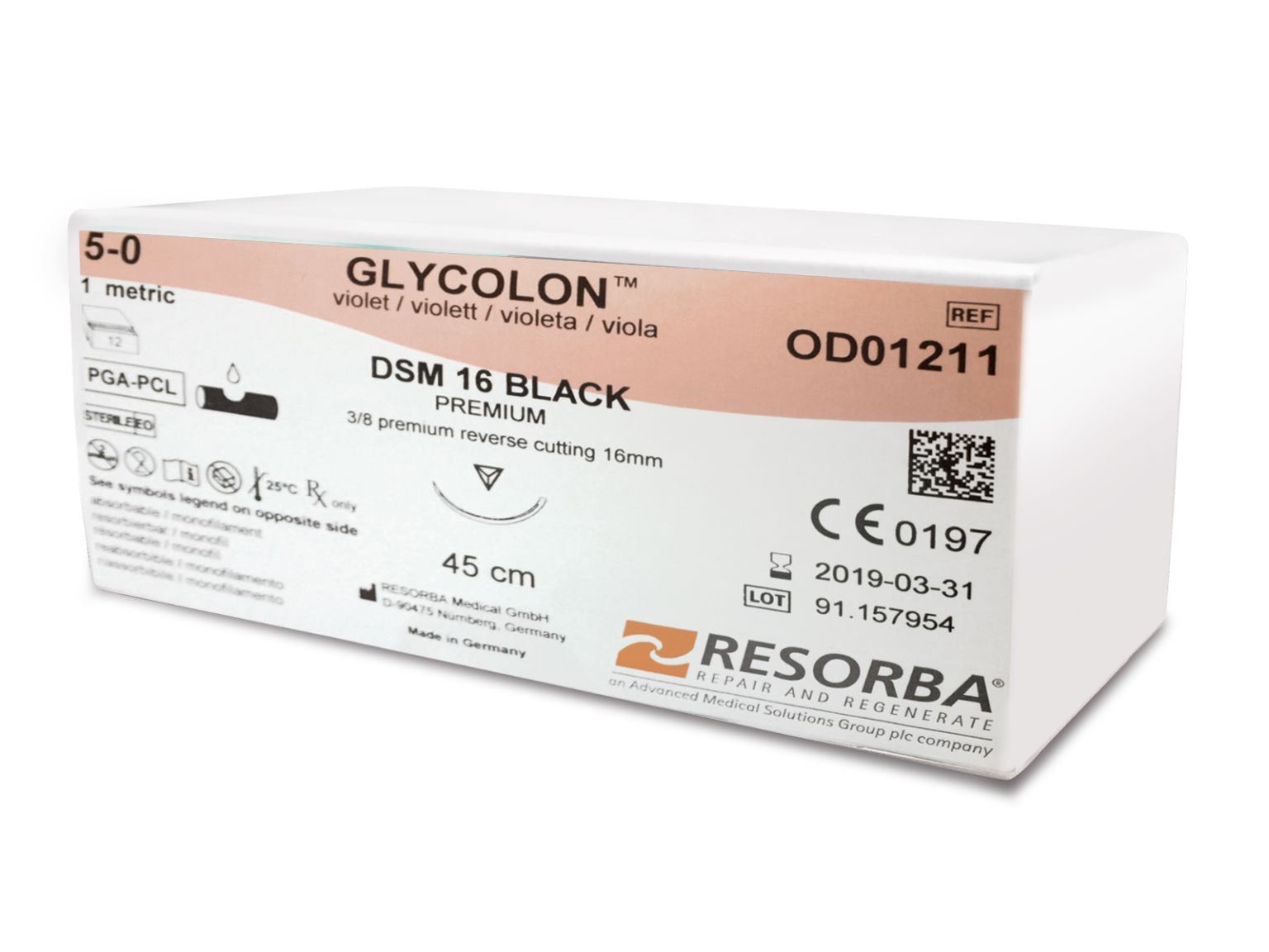 A white Resorba Glycolon PGA-PCL Sutures box shows product info, certifications, and a diagram of a 45 cm absorbable monofilament dental suture with a 16 mm needle.