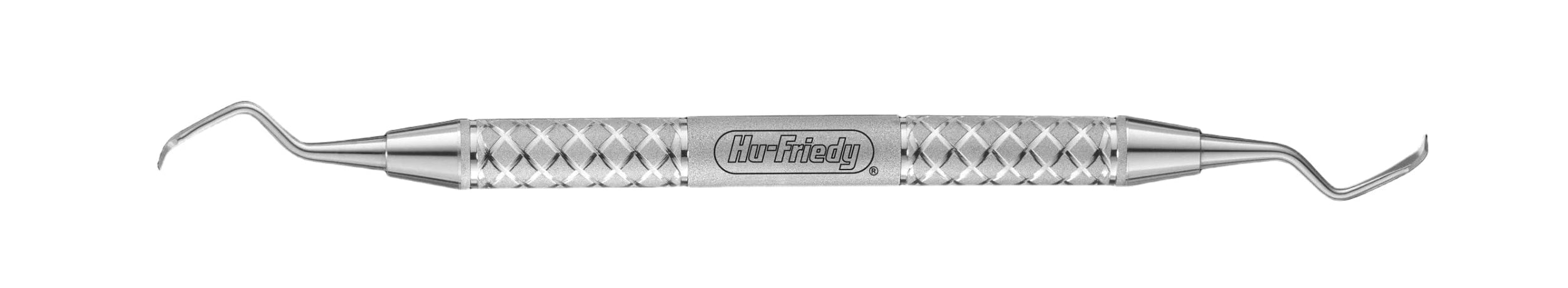 The Hu-Friedy Rhodes 36/37 Back Action Chisels is a metal dental instrument with a textured grip, curved tips at both ends, and the Hu-Friedy brand name engraved in the center.