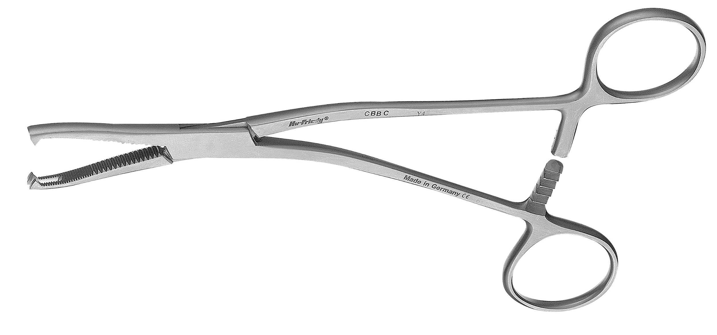 The Hu-Friedy Cortical Bone Block Clamp is a metal surgical instrument with two finger rings and curved, serrated jaws designed for gripping or holding bone blocks during graft stabilization procedures.