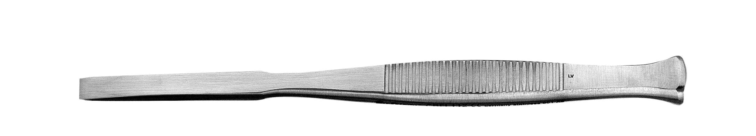A close-up of a Hu-Friedy Buser Chisel with a flat, beveled blade and textured grip, viewed from the side on a white background—an essential Hu-Friedy surgical instrument for bone removal.