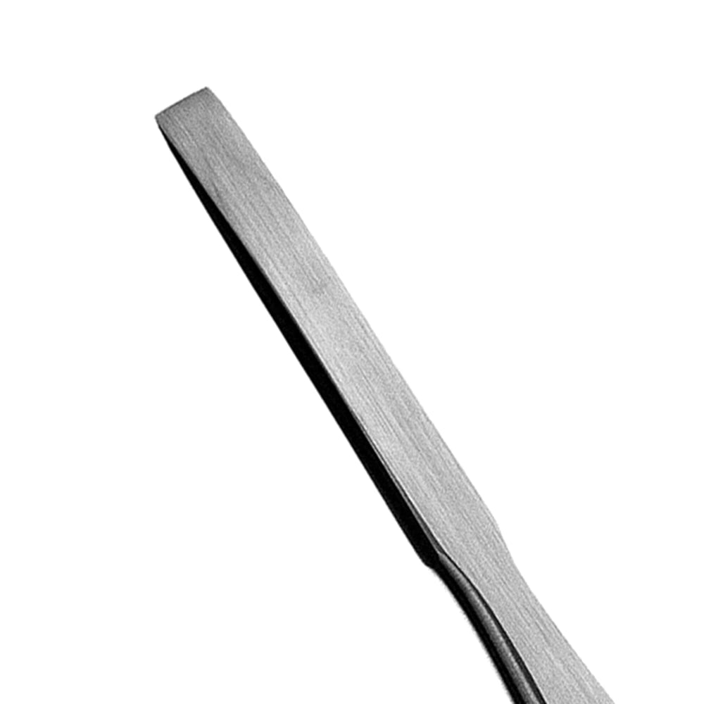 Close-up of stainless steel tweezers with a flat, slanted tip on a white background—an essential tool often used with Hu-Friedy Buser Chisels for precision during surgical bone removal.