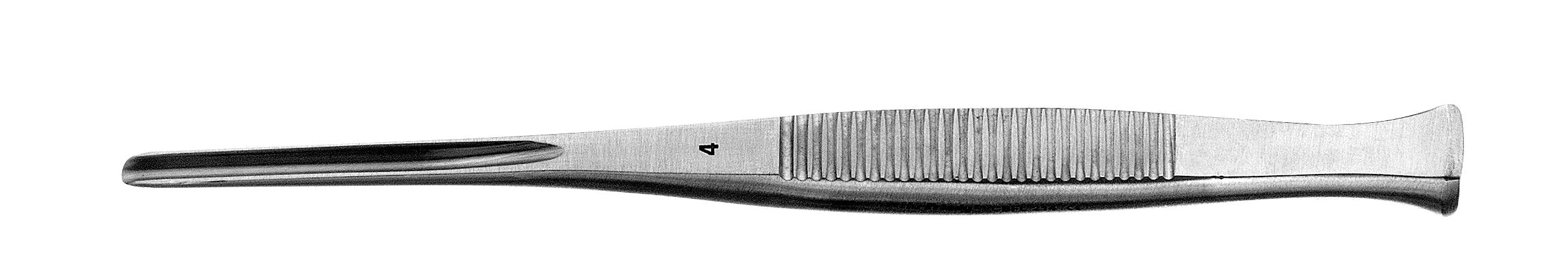 A metal dental extraction forceps with a grooved handle and notched tip is an essential instrument for tooth removal, often used alongside Hu-Friedy Buser Chisels, a top product by Hu-Friedy, for bone removal procedures.