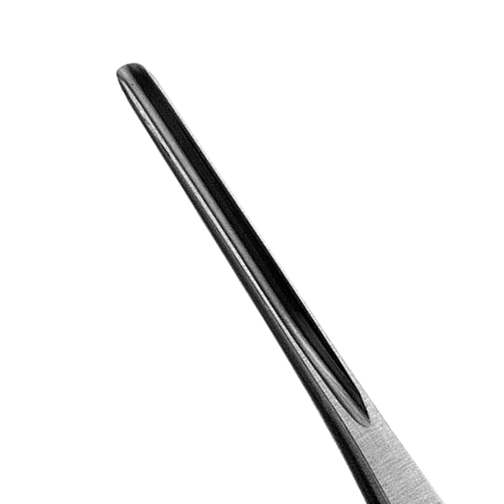 Close-up of the sharp, silver tip of a Hu-Friedy Buser Chisel blade against a white background. The angled design, like other Hu-Friedy surgical instruments, features a central groove running along its length.