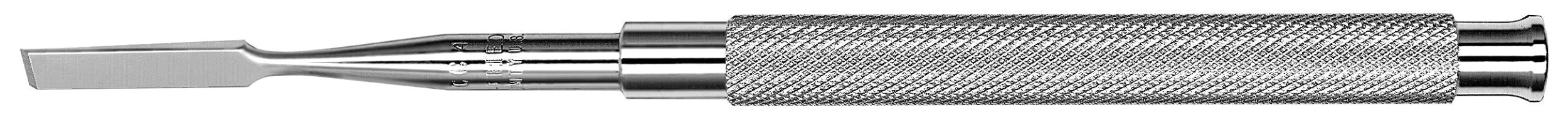 A close-up image of a Hu-Friedy Chandler Single-Bevel Bone Chisel, featuring a flat, rectangular blade and a textured cylindrical handle by Hu-Friedy.