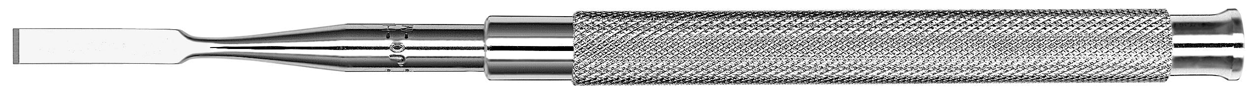 Close-up of a Hu-Friedy Chandler Bi-Bevel Bone Chisel, featuring a textured cylindrical handle and flat, wide tip, crafted from surgical-grade stainless steel with a shiny, reflective surface.