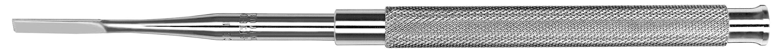 A side view close-up of the Hu-Friedy Gardner Bone Chisel by Hu-Friedy, featuring a flat mono-bevel chisel tip and a textured knurled handle for enhanced grip.