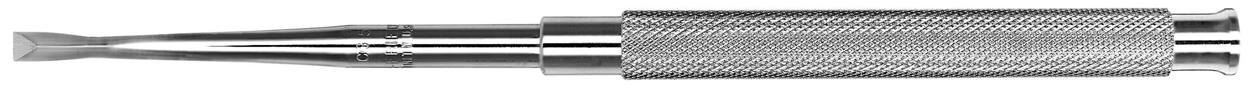 A close-up of the Hu-Friedy Gardner Bone Chisels by Hu-Friedy, featuring a textured handle and flat, curved tip commonly used in oral surgery for precise bone management during dental procedures or cleanings.