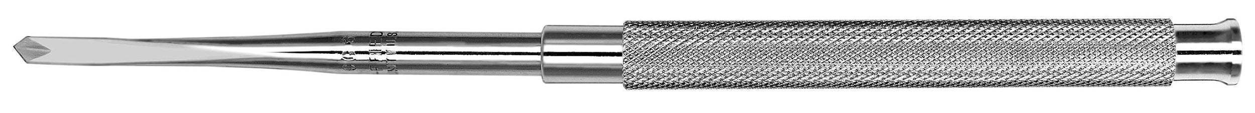 A close-up of the Hu-Friedy Gardner Bone Chisel, a metal hand tool with a textured grip and flat-tip blade from Hu-Friedy, designed for surgical bone management, is shown against a white background.