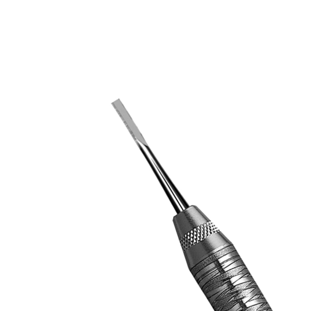 A close-up of the Hu-Friedy 1/2 Kramer-Nevins DE Periodontal Bone Chisel, featuring a textured grip and thin, pointed tip, set against a plain white background—an instrument by Hu-Friedy for precise alveolar bone procedures.