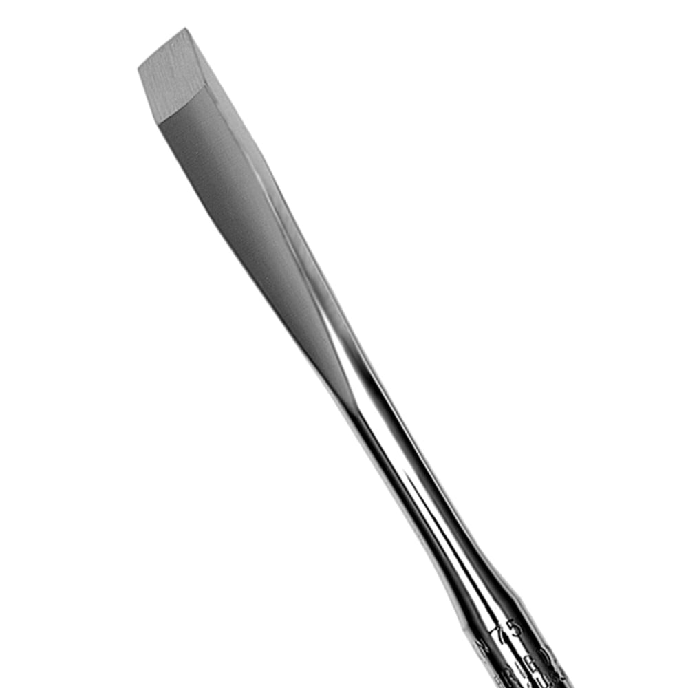 Close-up of a Hu-Friedy Kramer-Nevins Bone Chisel featuring a beveled, angled blade, designed for precise shaping or cutting of hard tissues in dental procedures. Its smooth, reflective handle showcases the quality of this periodontal surgical instrument.