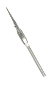 The Xemax Cusp-Lok Concave Placement Instrument, featuring a metal body with a long straight handle and slender pointed tips, is displayed on a white background.