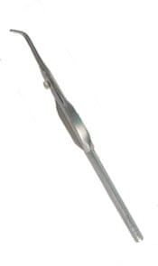 The Cusp-Lok Concave Placement Instrument by Xemax Surgical Products Inc. is a metal tweezer featuring a curved, pointed tip and locking mechanism, commonly used in medical or laboratory settings.