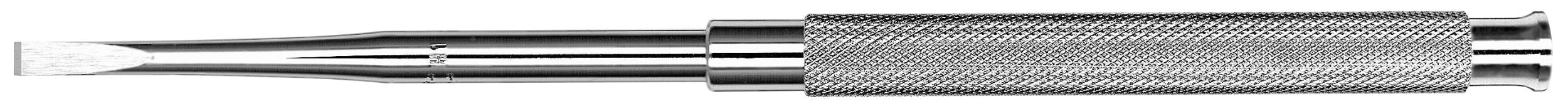 Close-up of the Hu-Friedy #18 McFarland Bi-Bevel Chisel, a metal dental tool with a textured grip and flat, rounded tip by Hu-Friedy, commonly used for examination, cleaning teeth, or procedures like surgical extraction and tooth splitting.
