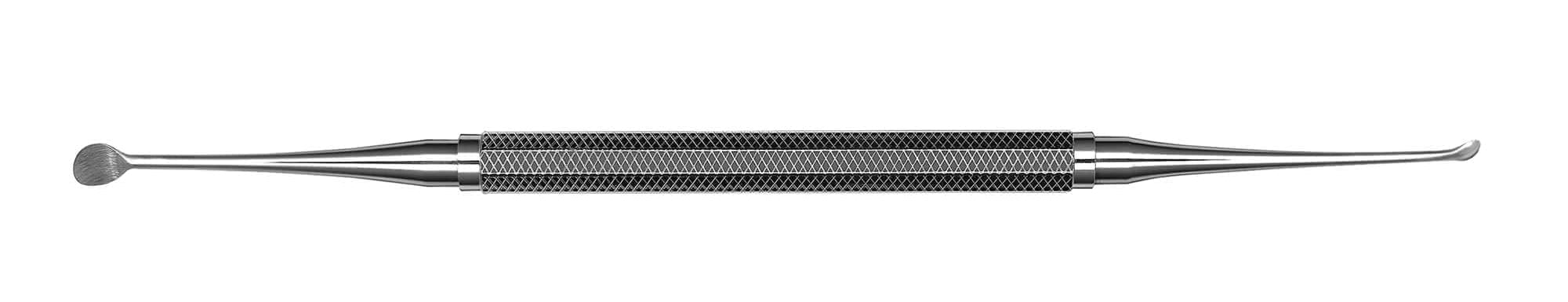 The Hu-Friedy Molt 2/4 DE Surgical Curettes by Hu-Friedy is a double-ended stainless steel curette with a textured grip, featuring a flat, rounded spoon on one end and a curved, pointed tip on the other for socket debridement.
