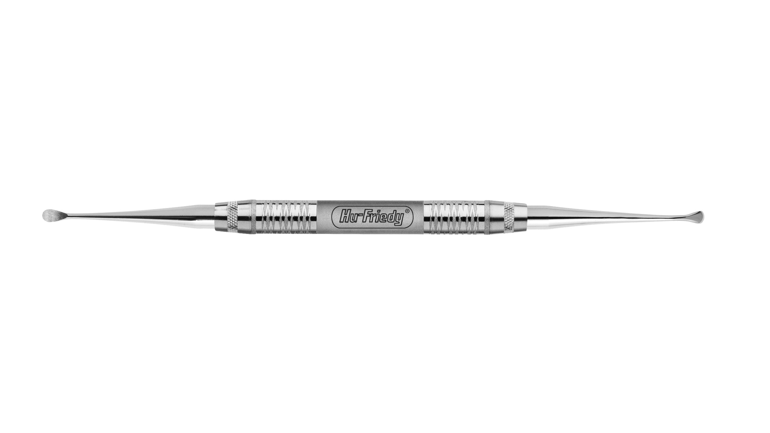 The Hu-Friedy Miller Surgical Curettes (CM8–CM12) are double-ended stainless steel dental tools with textured grips, featuring a rounded tip on one end and a curved scoop on the other—ideal for extraction cleanup.
