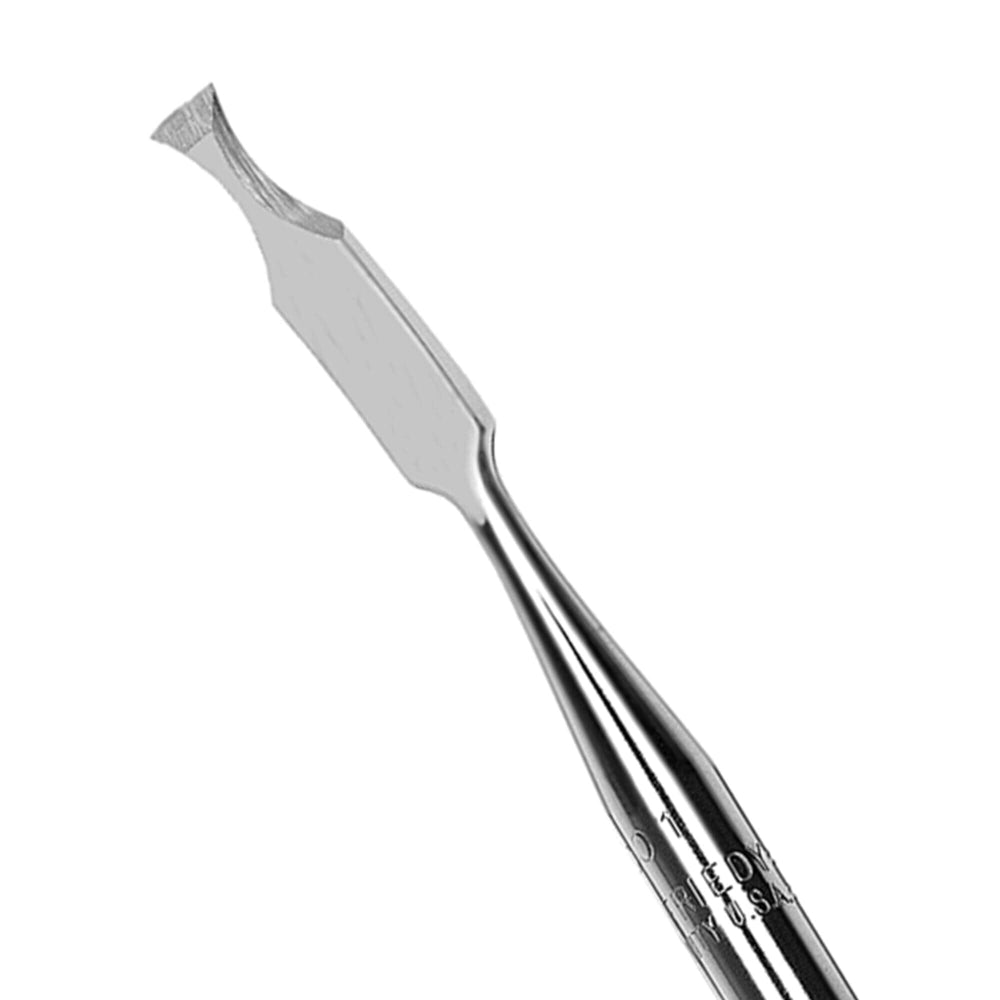 A close-up of a dental elevator with a shiny, curved tip is shown next to Hu-Friedy Ochsenbein Single Ended (SE) Chisels, both used for extraction or loosening tooth roots in periodontal procedures.