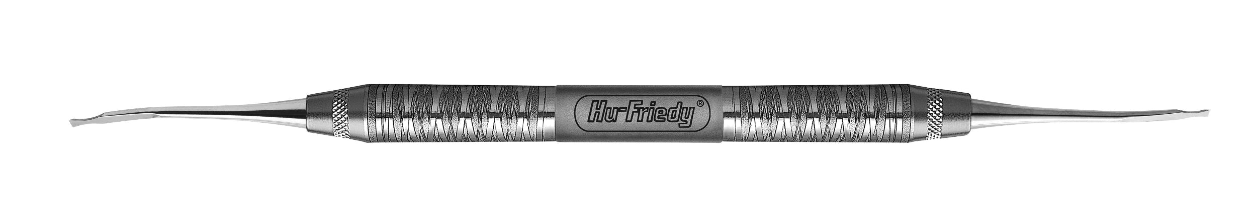 The Hu-Friedy Fedi Double-Ended (DE) Chisels by Hu-Friedy feature a textured grip and engraved handle, with curved, pointed tips on both ends—ideal for soft tissue management in periodontal surgery.