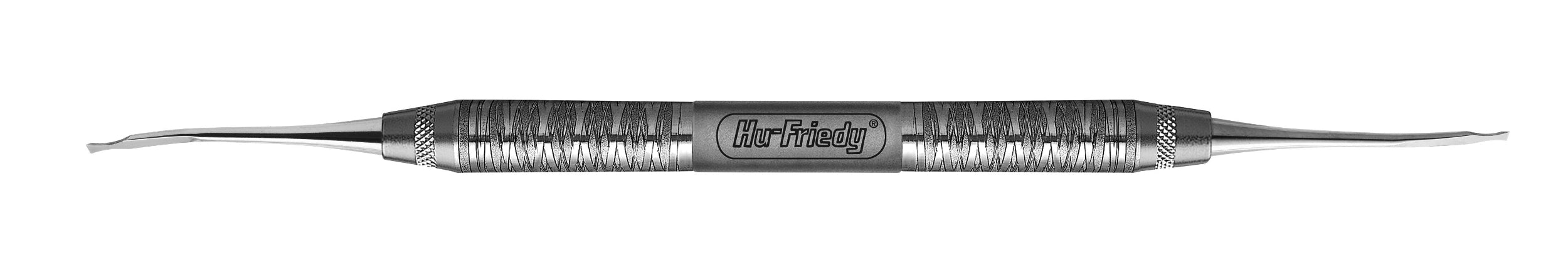 The Hu-Friedy Fedi Double-Ended (DE) Chisels is a metal dental tool with textured grips and curved tips on both ends, featuring the Hu-Friedy brand name engraved in the center.