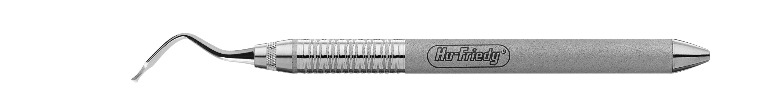 The Hu-Friedy #4 Fedi Single-Ended Chisel is a metal dental instrument with a curved, pointed tip and textured handle, designed for precise periodontal chisel work.