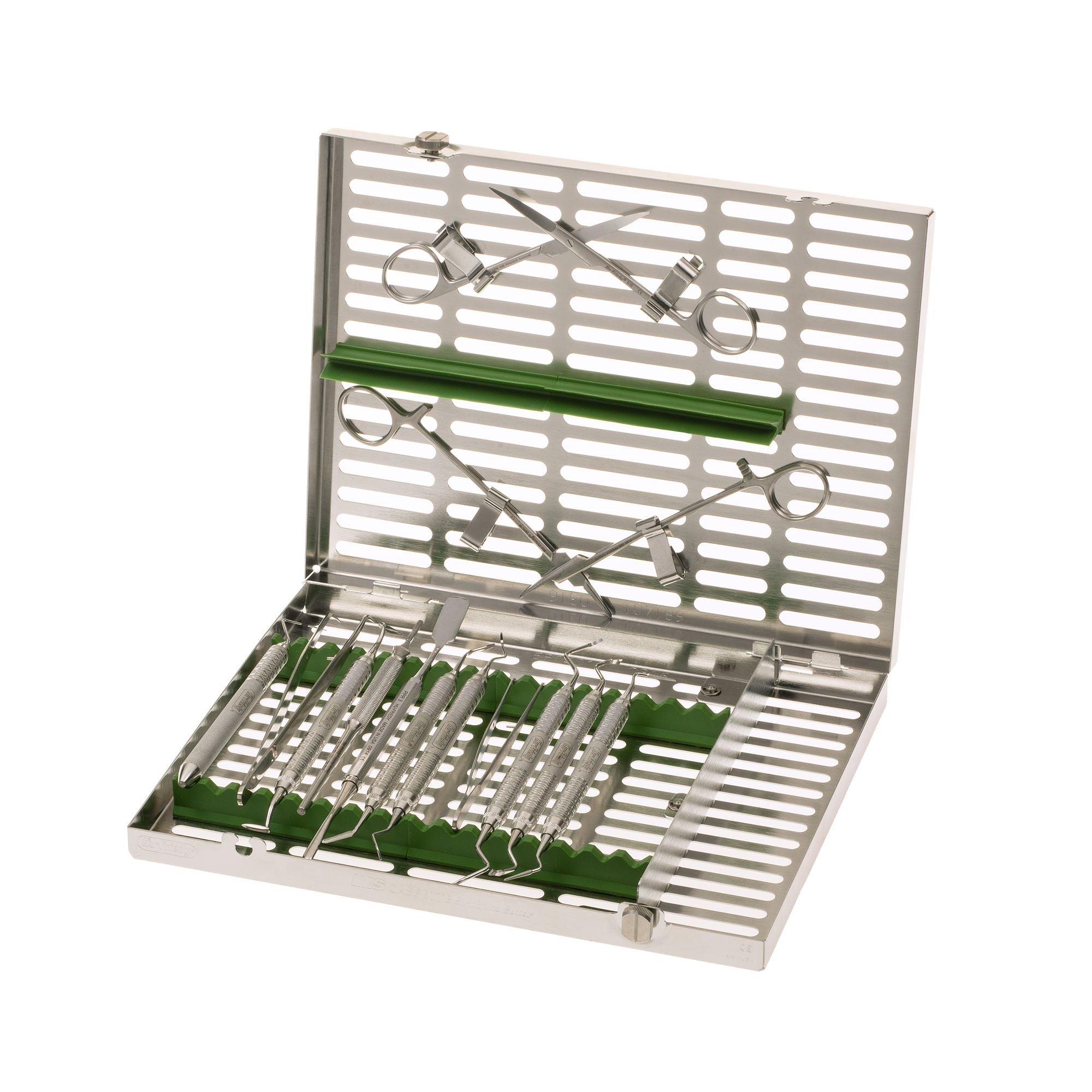 The Hu-Friedy Grisdale Crown Lengthening Kit comes in a metal sterilization case with dental instruments neatly arranged in green silicone holders, displayed inside the open case for easy access during crown lengthening procedures.