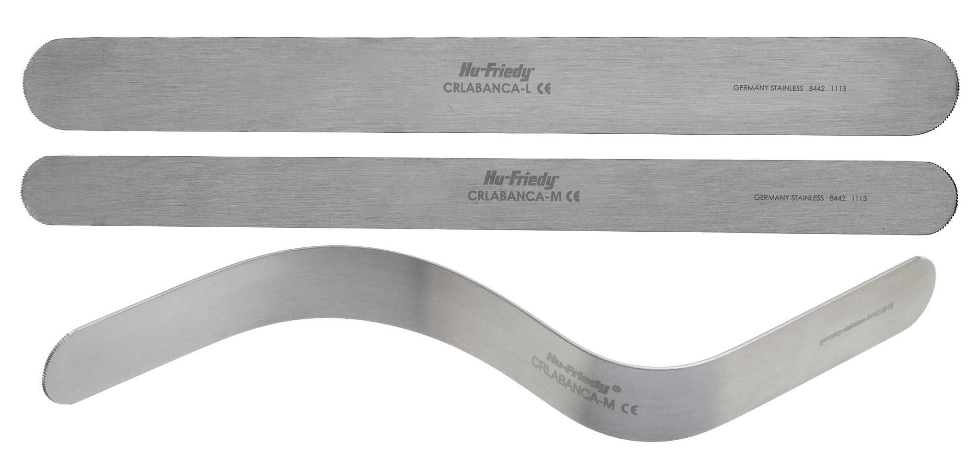 The Hu-Friedy Labanca Malleable Retractors, Set of 3, features two straight and one curved retractor, all stainless steel and designed for efficient soft-tissue retraction.